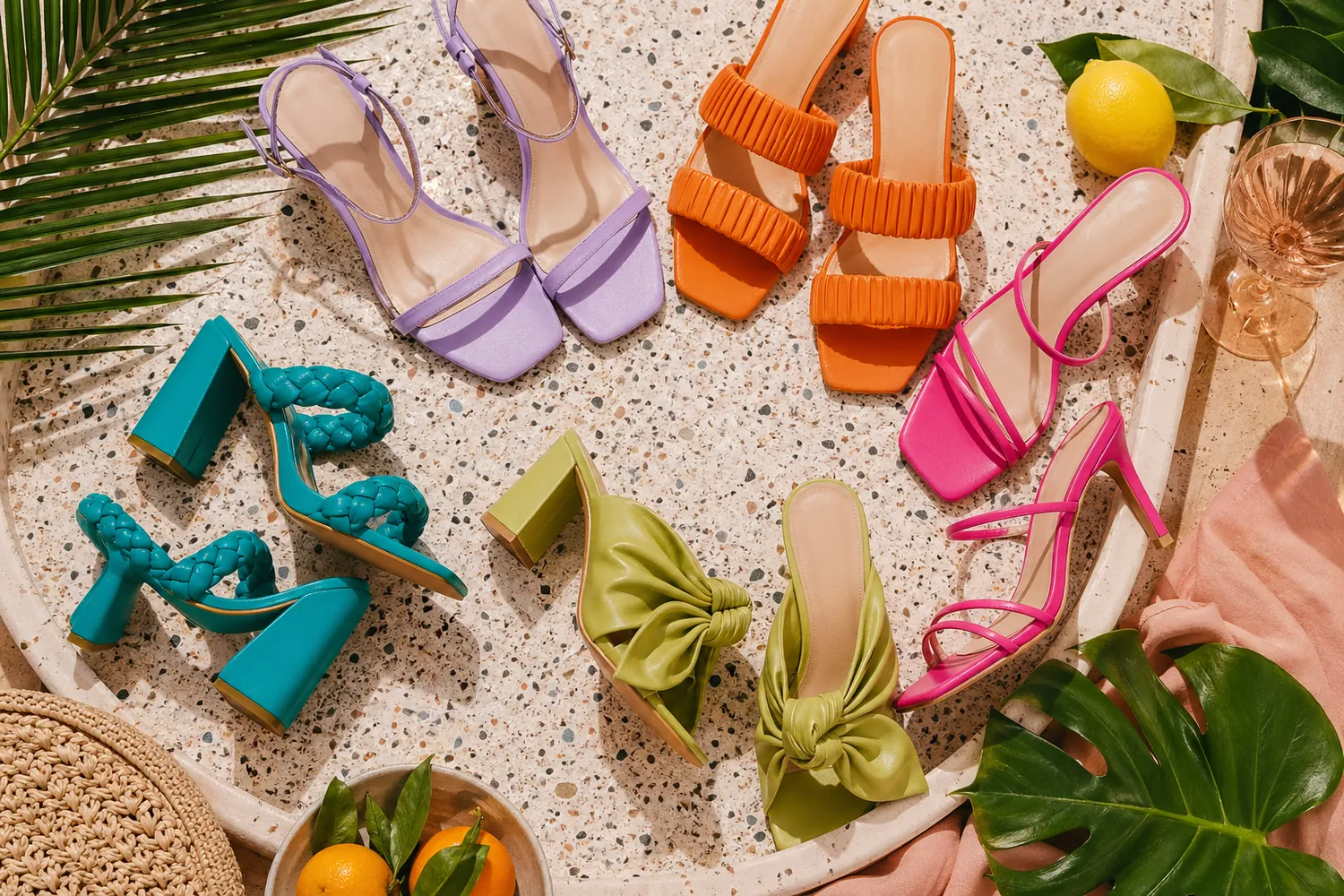 Chaussures colorées présentées sur plateau décor Riviera