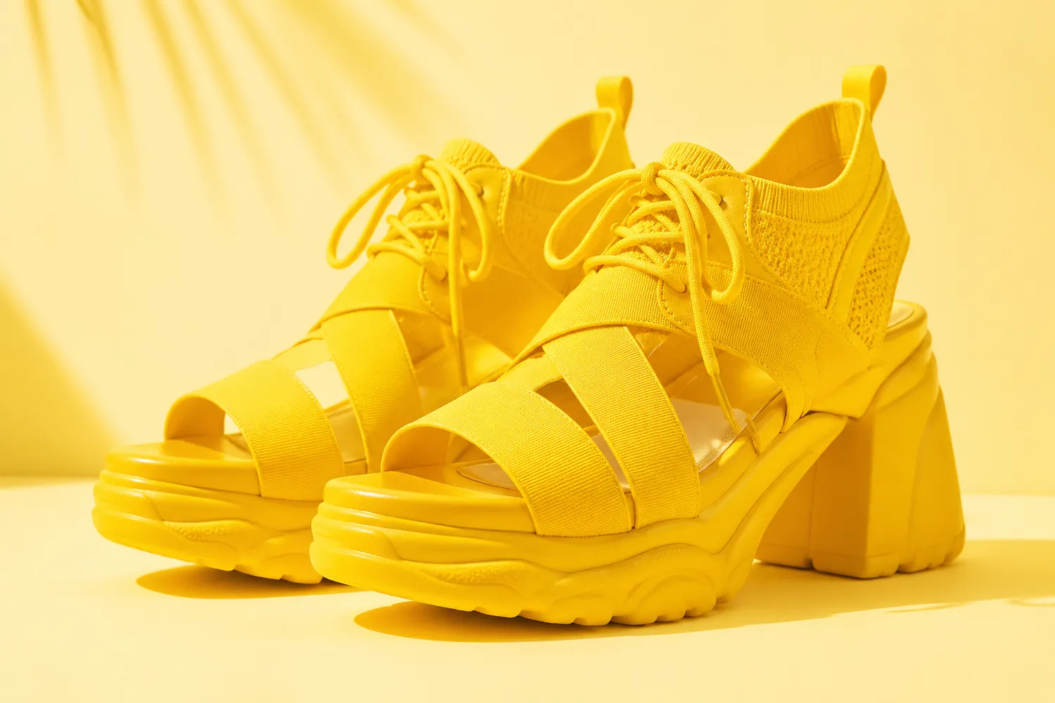 Chaussures jaunes cuir et sneakers San Marina sur fond studio lumineux